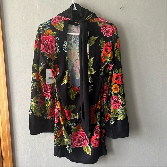 Free People Black Combo Floral 2 Am Mini Dress Open Back Tie Neck Size XS NWT - Picture 7 of 9